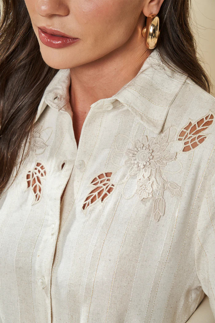 CAMISA FEM MANGA 3/4 PLANO LINEN SHINE NATURAL