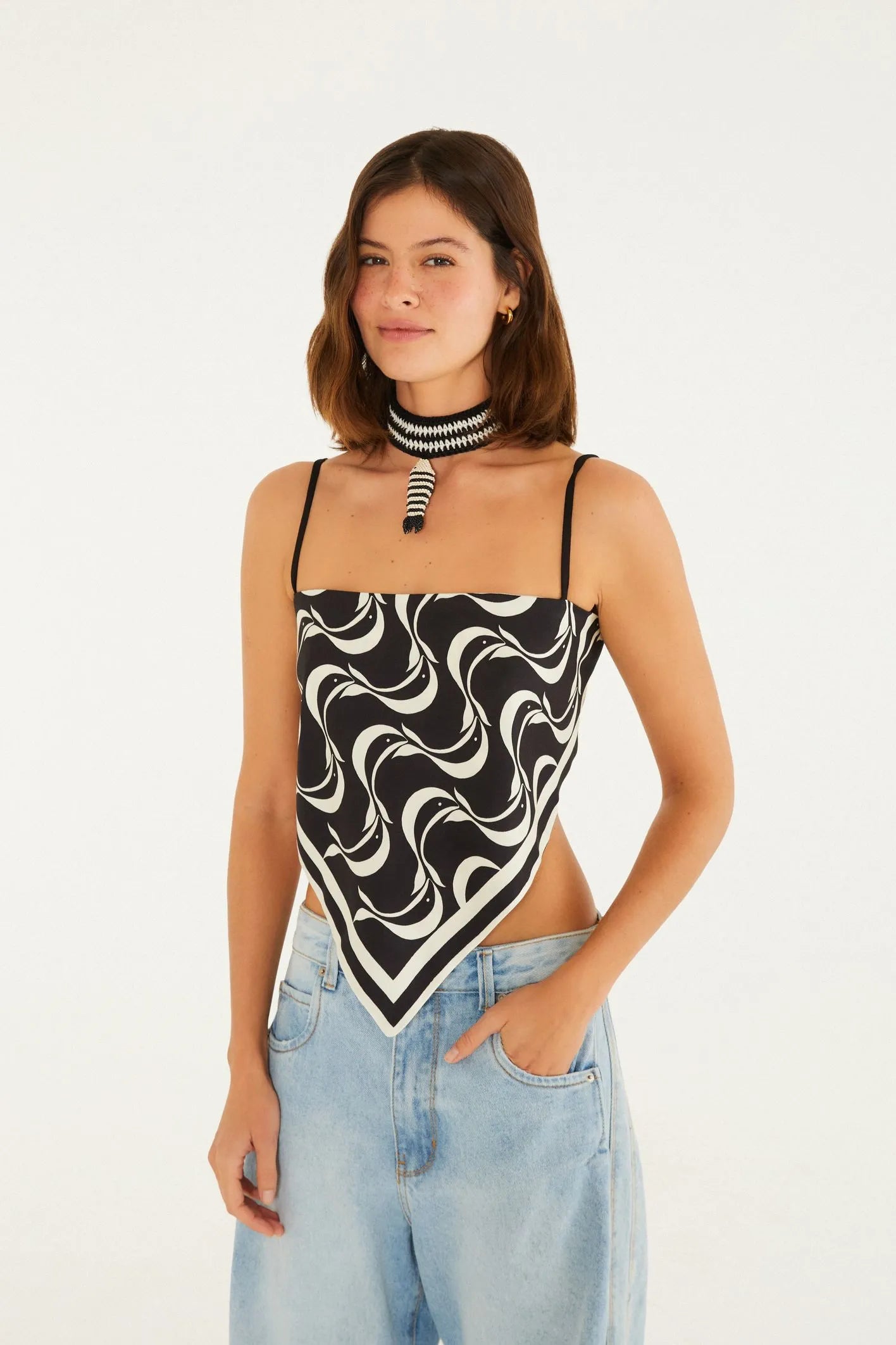 BLUSA LENCO FEM PEIXE COPA FARM PRETO/OFF WHITE