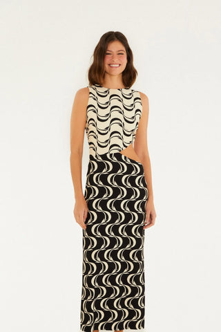 VESTIDO FEM RECORTE PEIXE COPA FARM PRETO/OFF WHITE