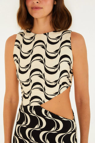 VESTIDO FEM RECORTE PEIXE COPA FARM PRETO/OFF WHITE