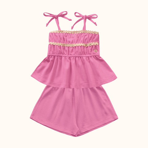 CONJ FEM BL ALCA DET RENDA E SHORT FAVO ROSA