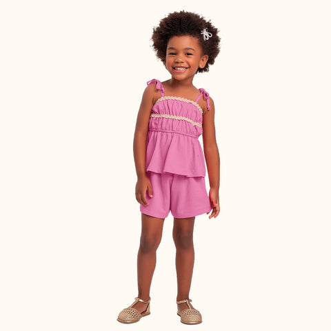 CONJ FEM BL ALCA DET RENDA E SHORT FAVO ROSA