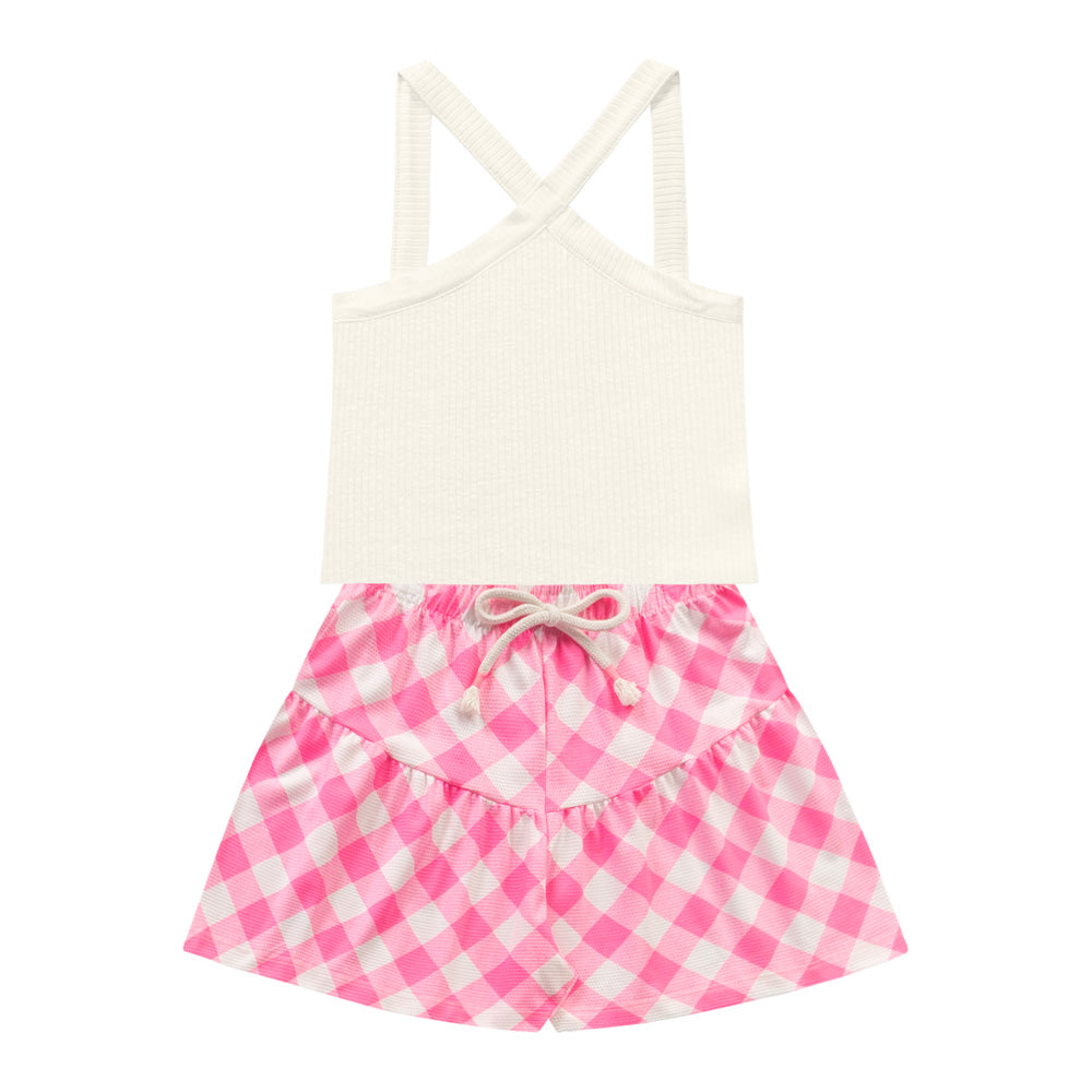 CONJ FEM BL RIB ALCA CRUZ E SHORT XADREZ MARFIM/ROSA