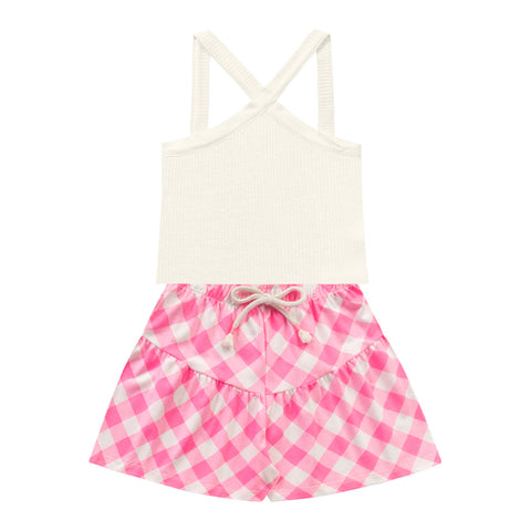 CONJ FEM BL RIB ALCA CRUZ E SHORT XADREZ MARFIM/ROSA