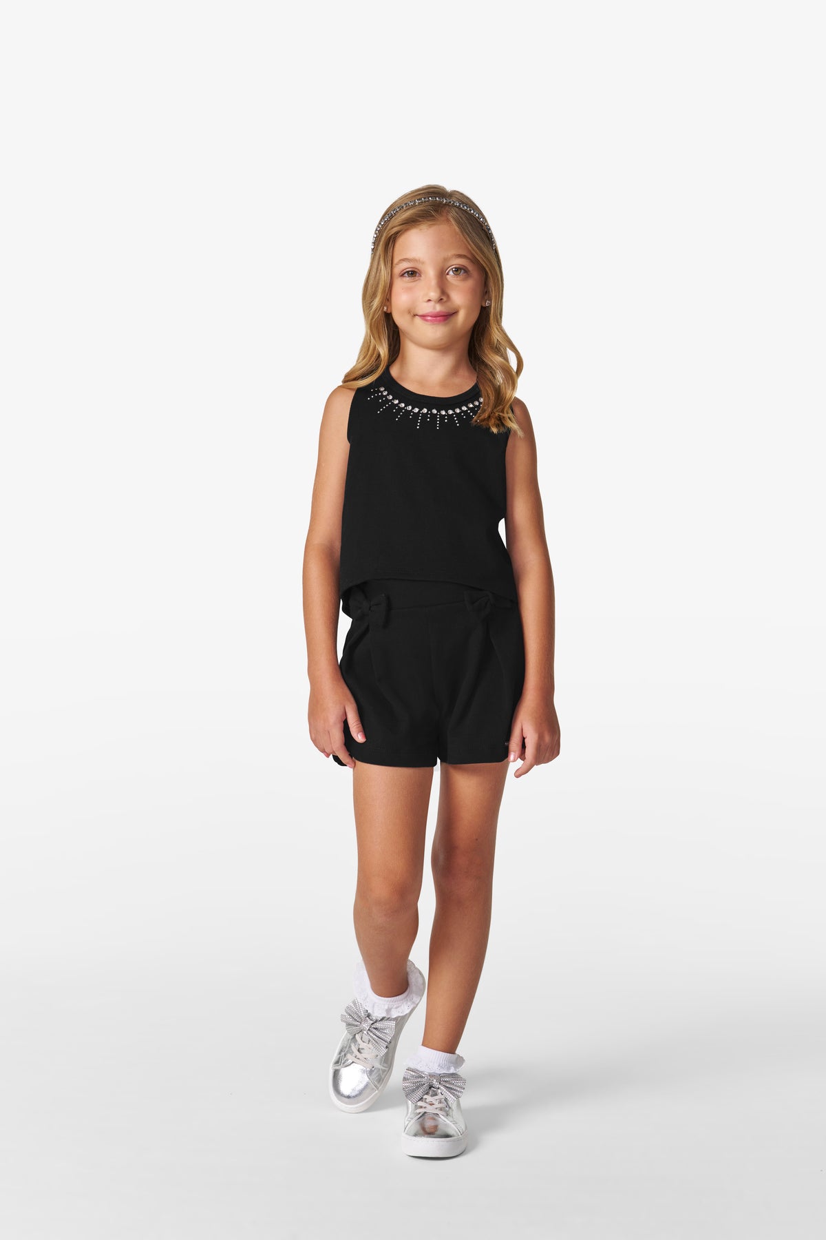 CONJ FEM REG STRASS GOLA E SHORT MALHAO PRETO