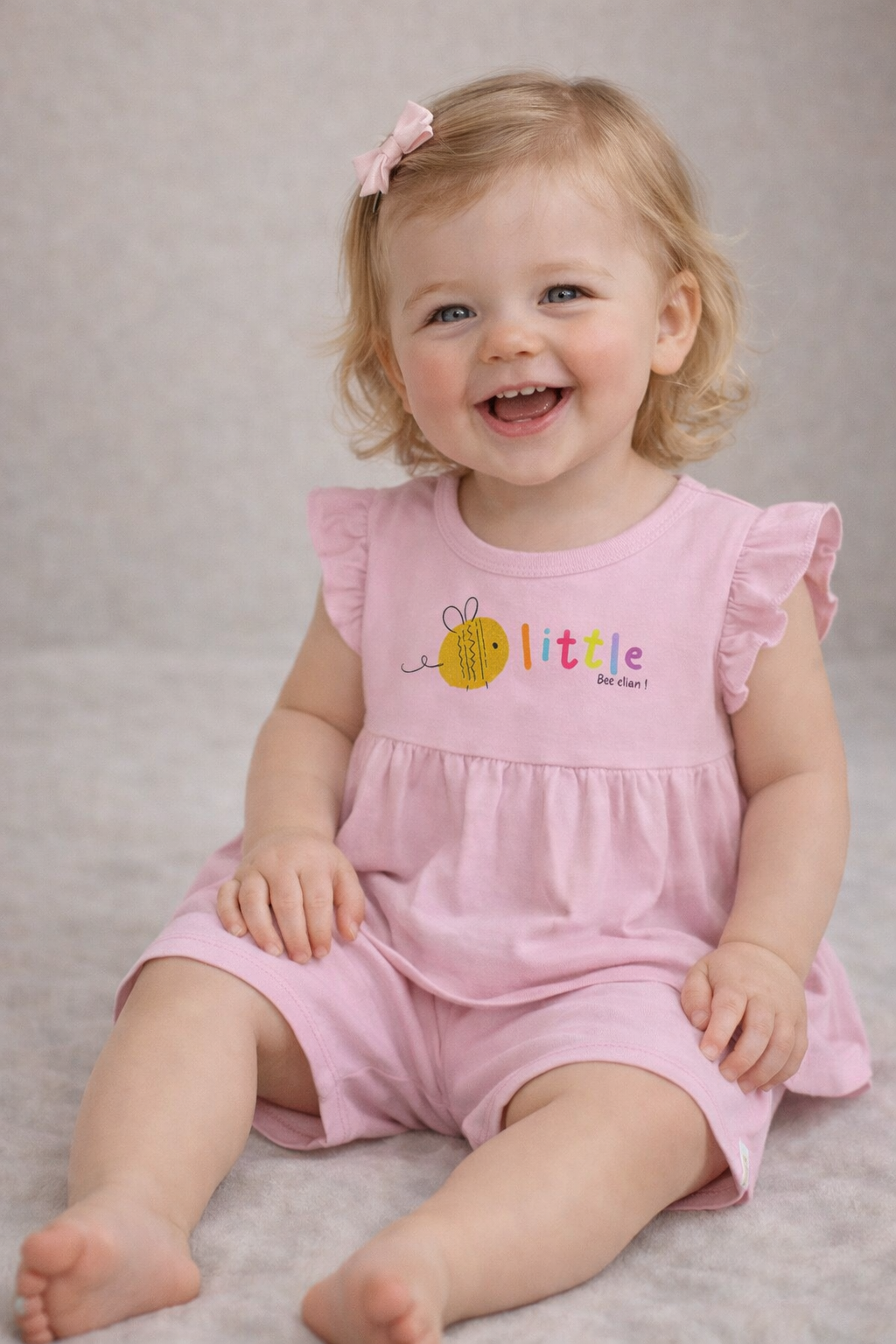 CONJ FEM BL ABELHA GLITTER E SHORT TEXT ROSA CLARO