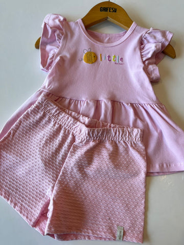 CONJ FEM BL ABELHA GLITTER E SHORT TEXT ROSA CLARO