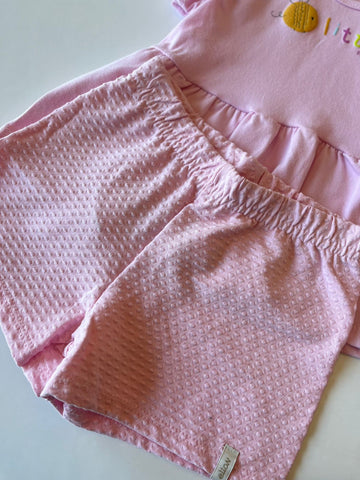 CONJ FEM BL ABELHA GLITTER E SHORT TEXT ROSA CLARO
