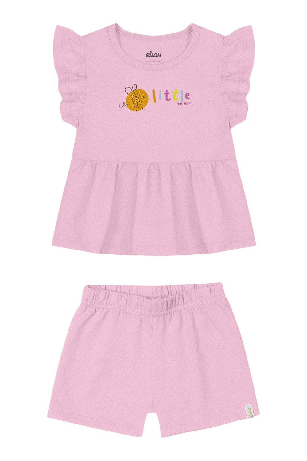CONJ FEM BL ABELHA GLITTER E SHORT TEXT ROSA CLARO