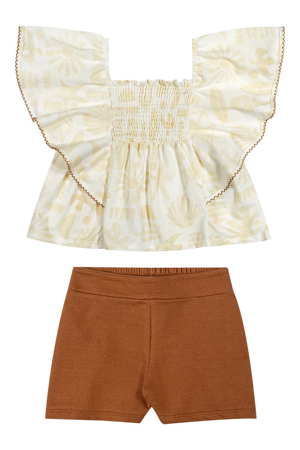 CONJ FEM BL BAB E LASTEX E SHORT TEXT OFF WHITE/MARROM