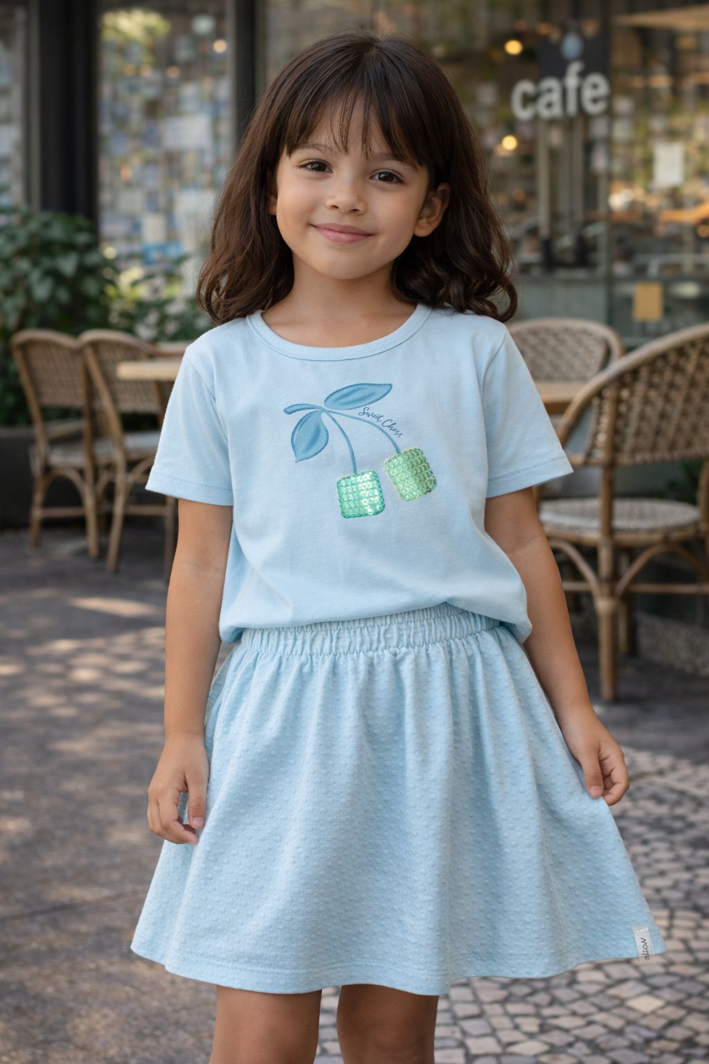 CONJ FEM BL CEREJAS LANTEJ E SAIA TEXT AZUL CLARO