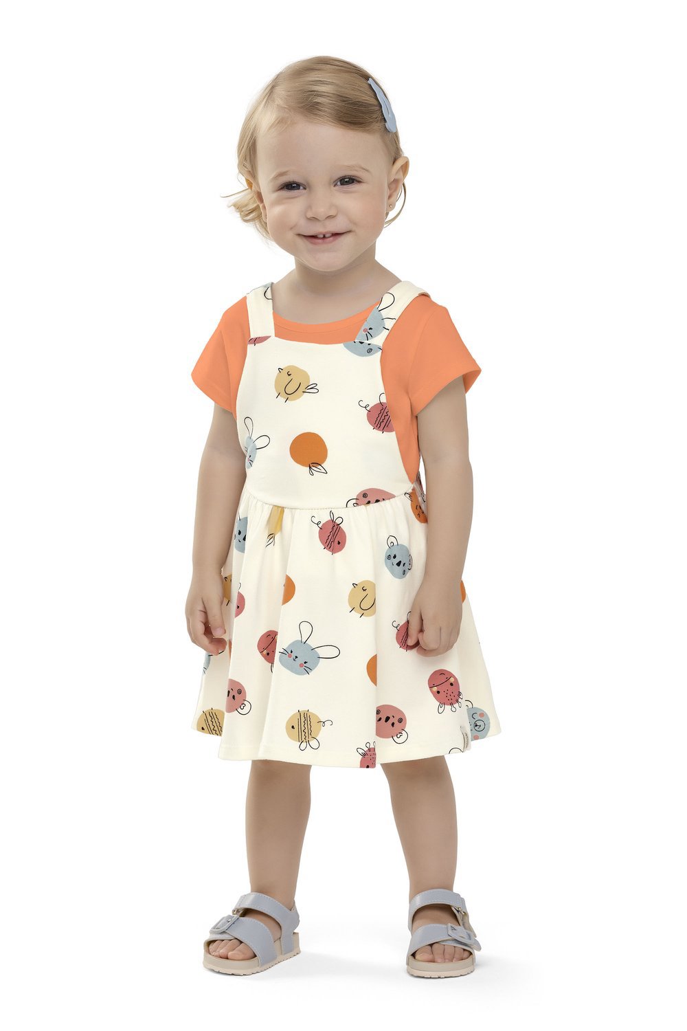 CONJ FEM BL E VESTIDO ALCA BICHINHOS OFF WHITE/LARANA