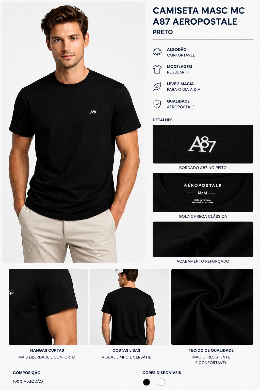 CAMISETA MASC MC A87 AEROPOSTALE PRETO