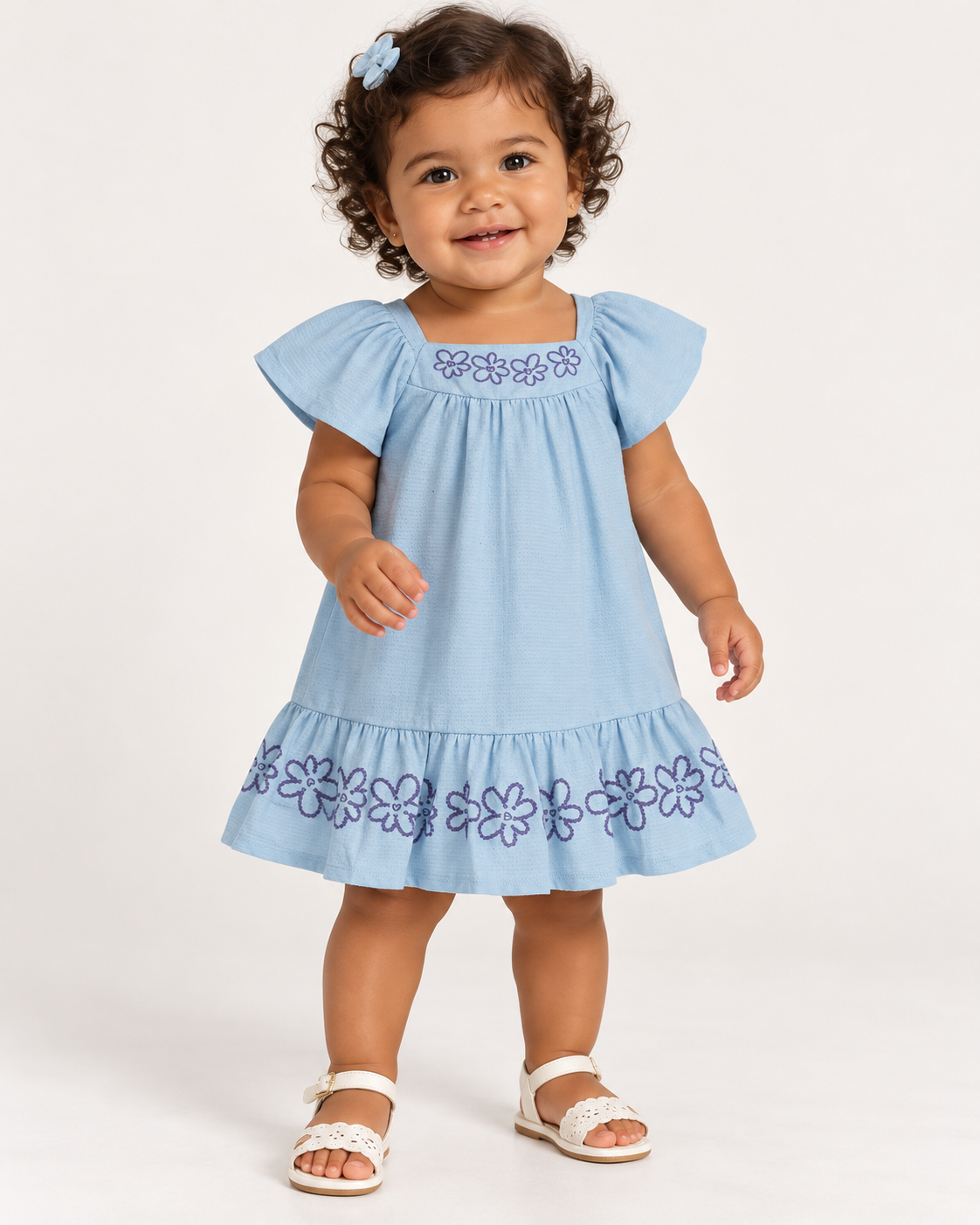 VESTIDO MALHA TRABALHADA EST PUFF FLORES AZUL CLARO