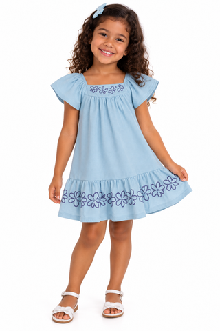 VESTIDO MALHA TRABALHADA EST PUFF FLORES AZUL CLARO