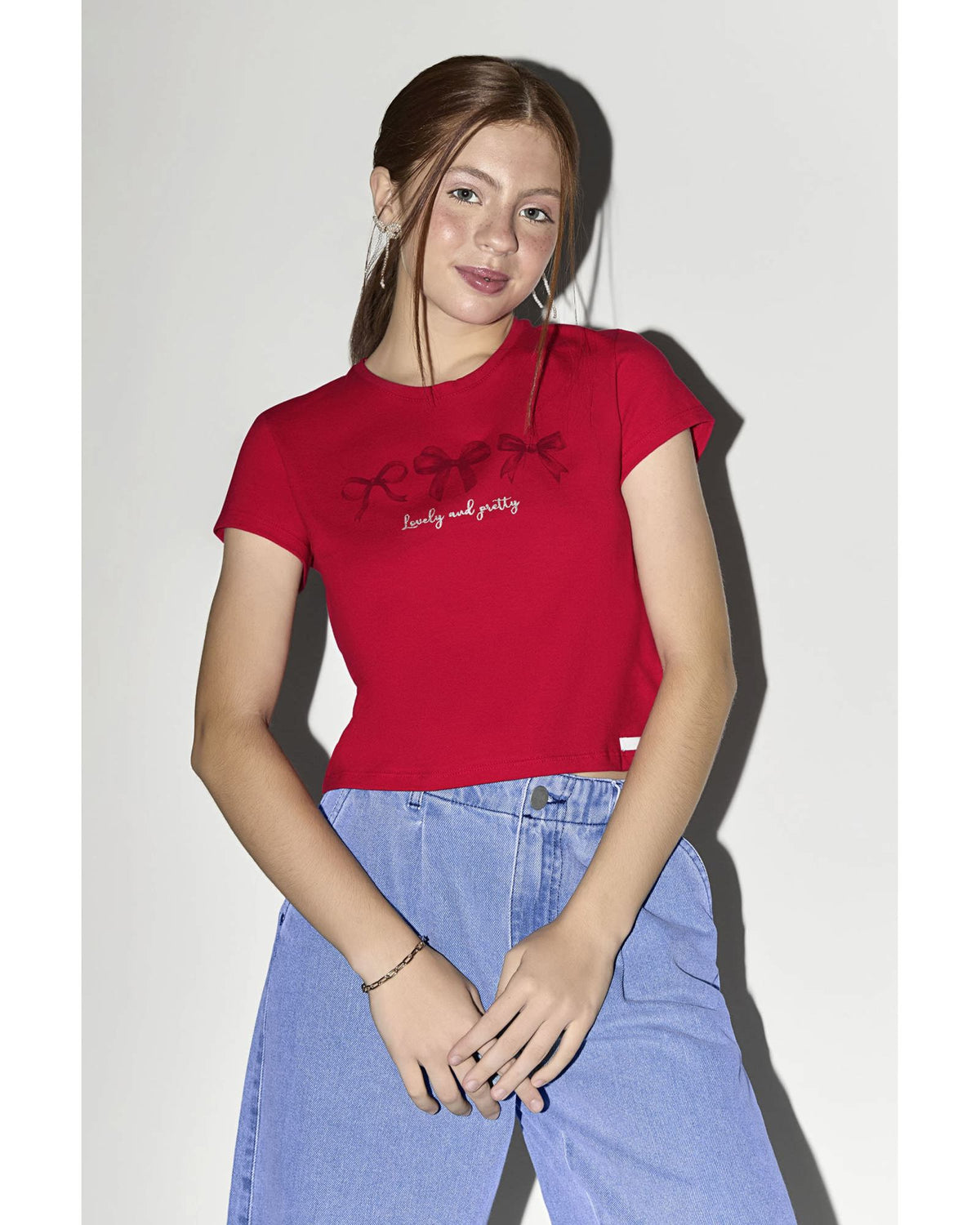 BLUSA FEM JUV EST LACOS E GLITTER VERMELHO