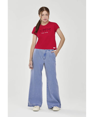 BLUSA FEM JUV EST LACOS E GLITTER VERMELHO