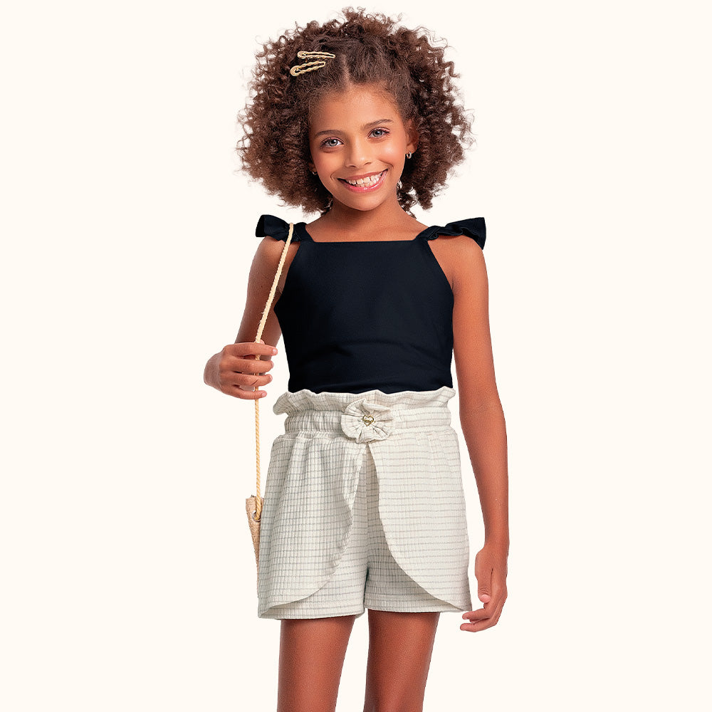 CONJ FEM BL ALCA E SHORT RIBANA LUREX PRETO/CRU/PRATA