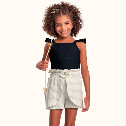 CONJ FEM BL ALCA E SHORT RIBANA LUREX PRETO/CRU/PRATA