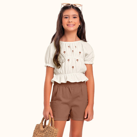 CONJ FEM BL ELAST EST COQ E SHORT SARJA MARFIM/CHOCOLATE