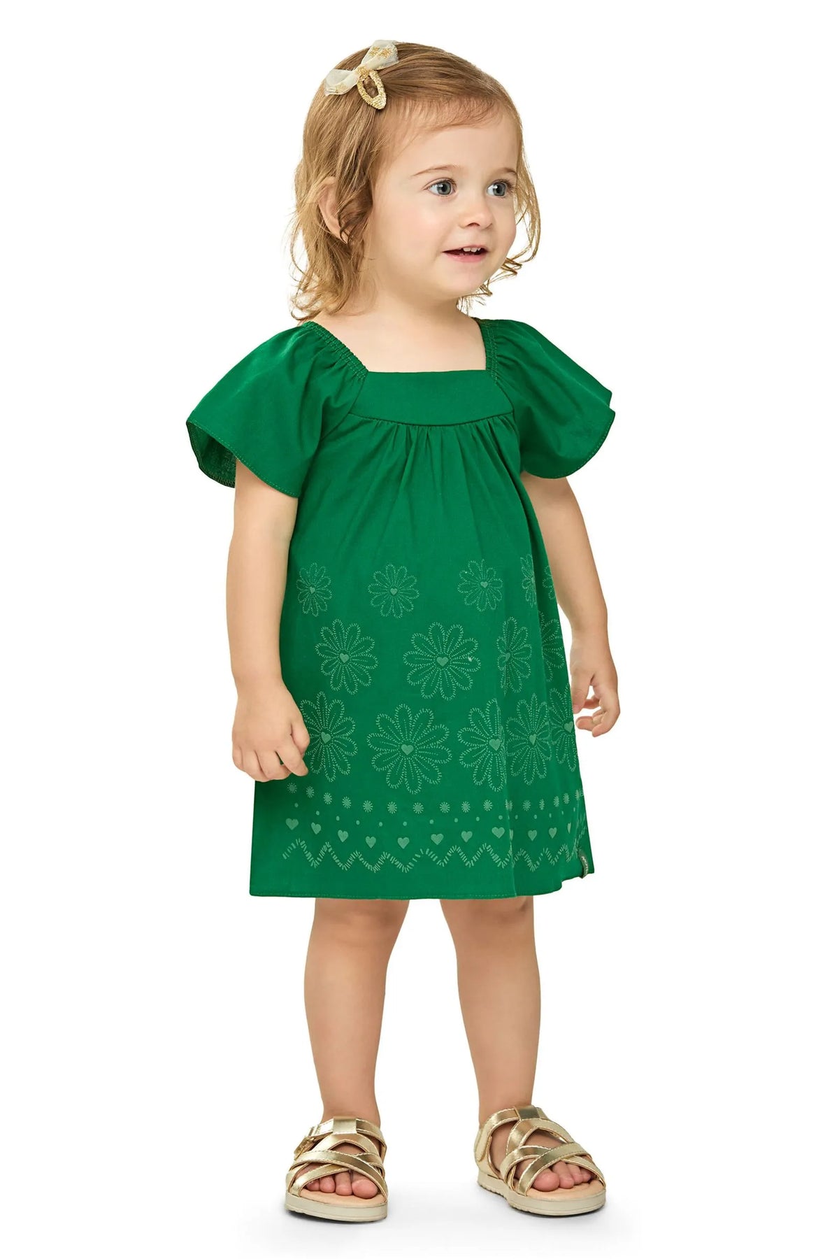 VESTIDO TRICOLINE EST PUFF FLORAL BARRA VERDE BANDEIRA