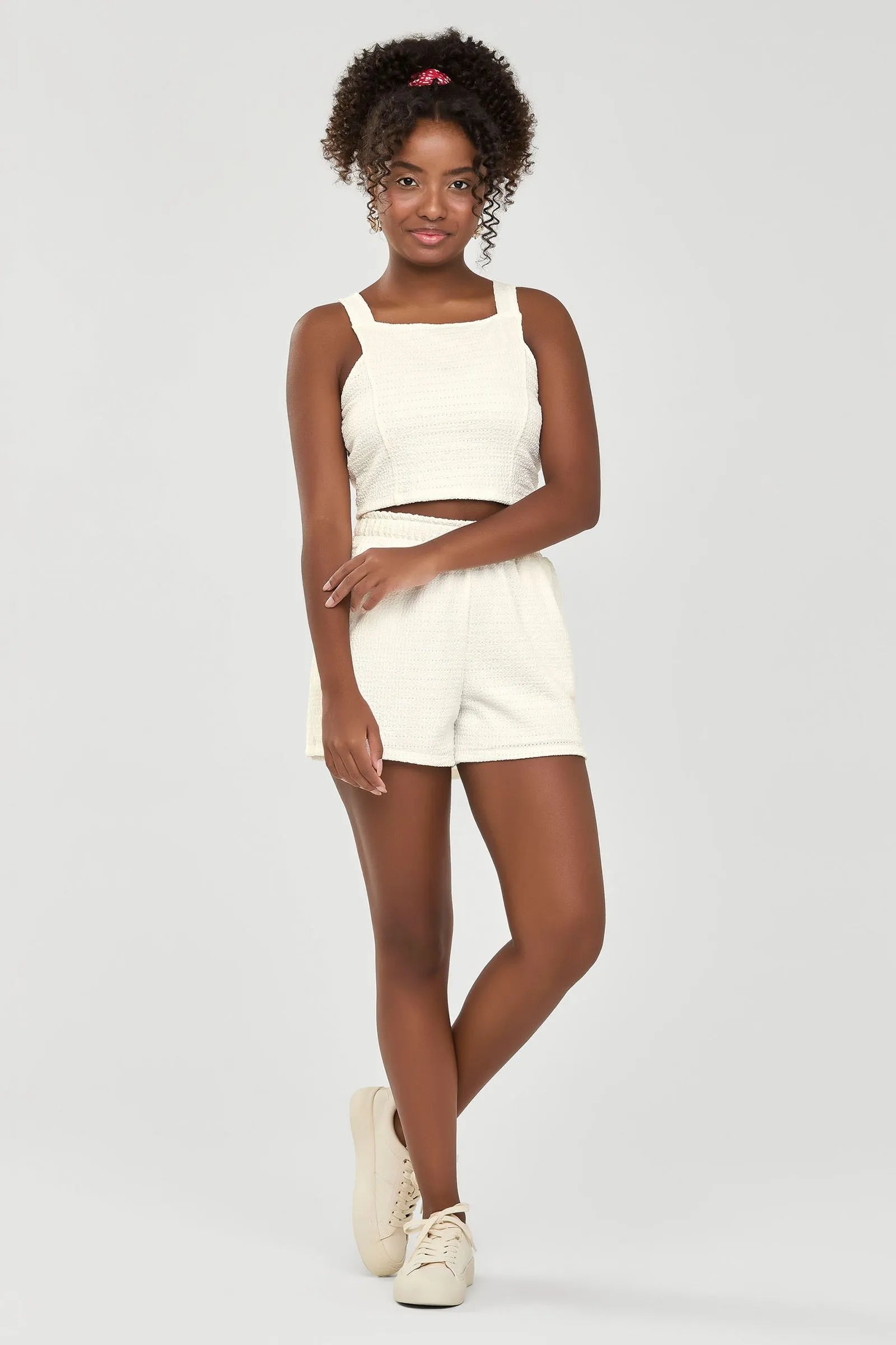 CONJ FEM JUV REG E SHORT TEXTURIZADO BRANCO