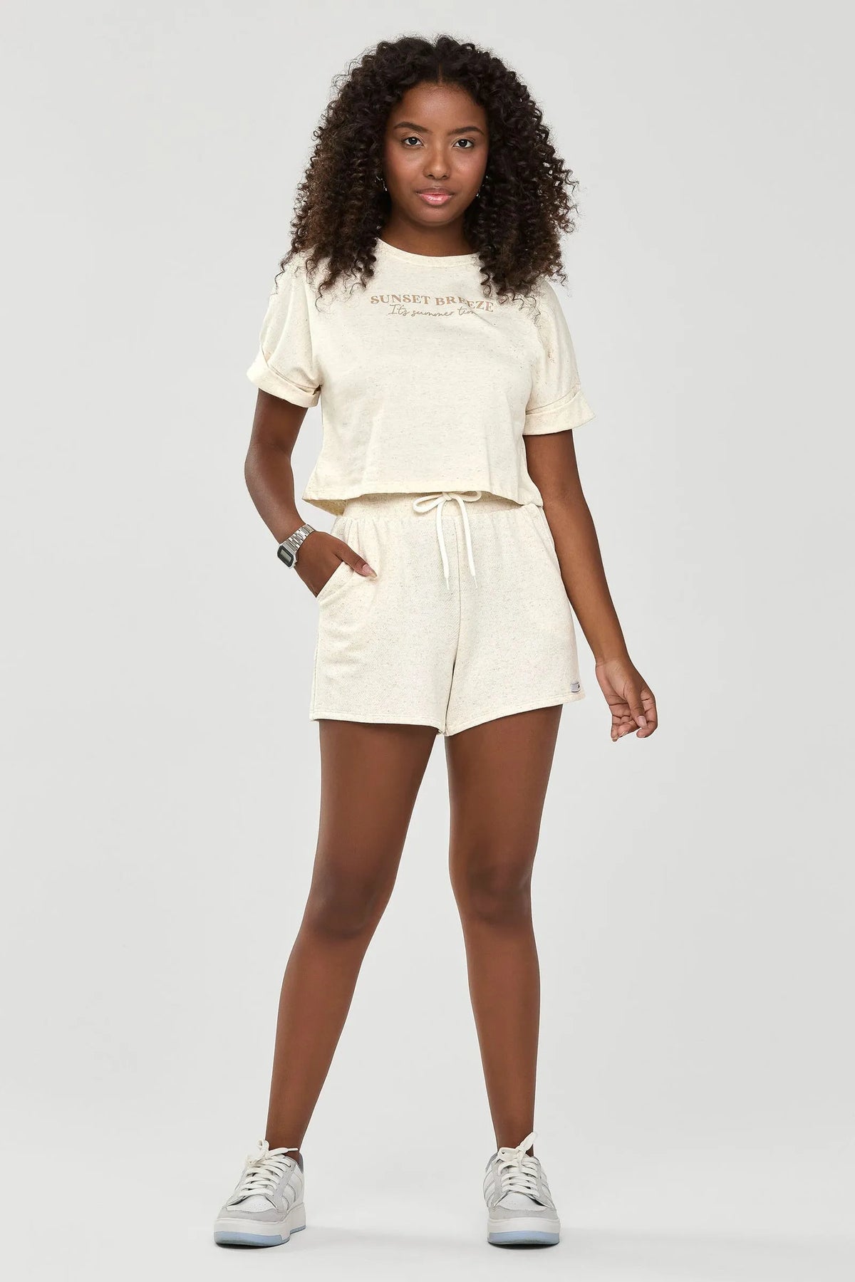 CONJ FEM JUV BL SUNSET E SHORT MLT LINHO OFF WHITE