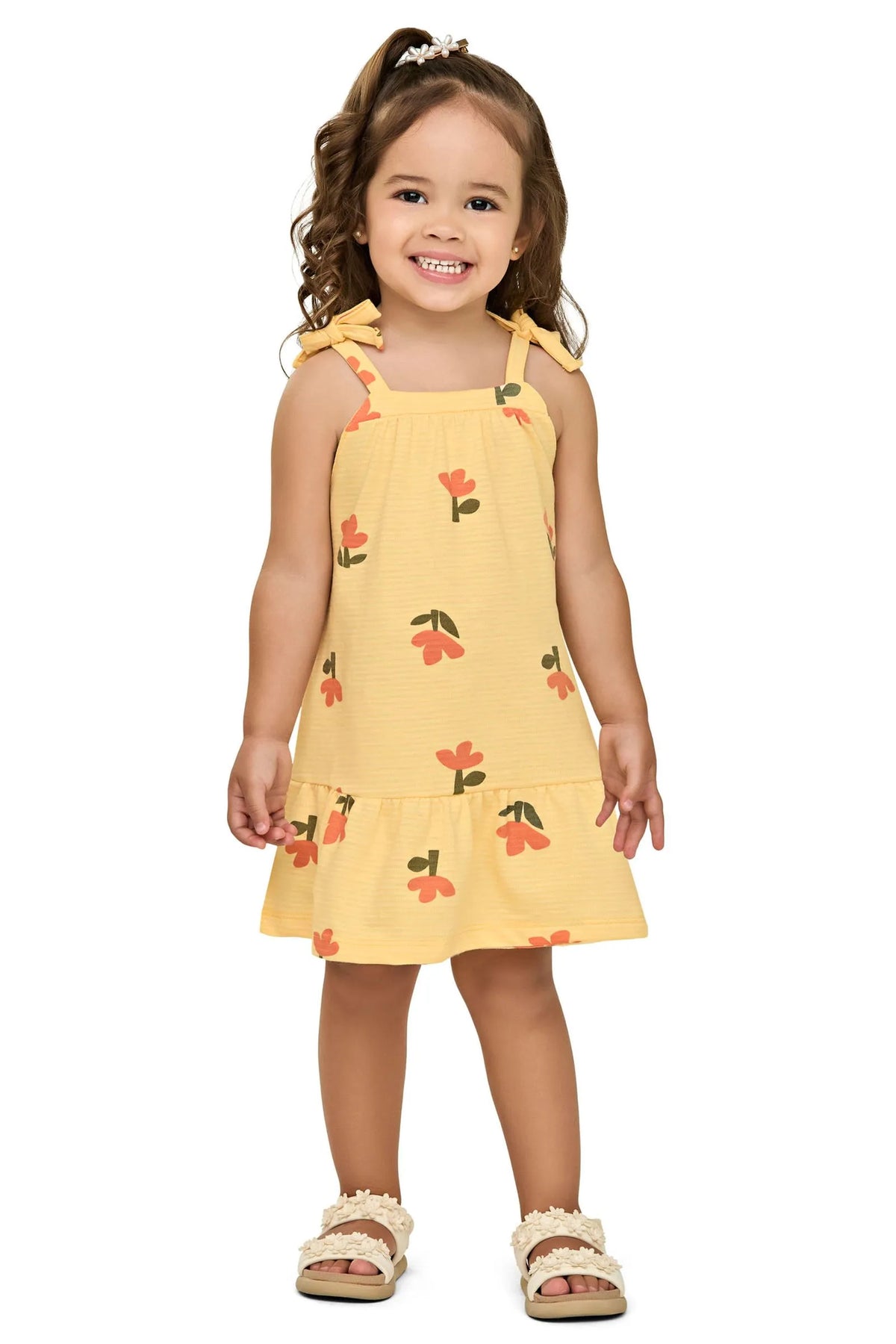 VESTIDO ALCA LACO FLAME LISTRADO FLORES AMARELO