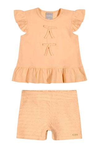 CONJ FEM BL DET LACOS E SHORT LINHO LIST LARANJA CLARO