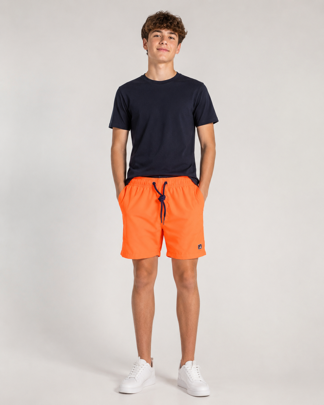 SHORT TACTEL MASC KIDS LISO LARANJA NEON/MARINHO