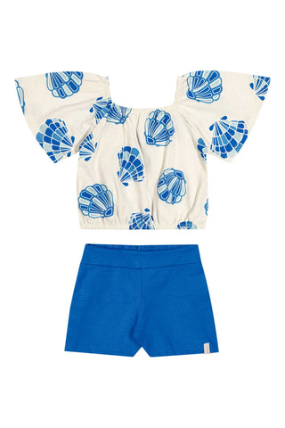 CONJ FEM BL EST PEROLADA E SHORT TRAB BRANCO/AZUL