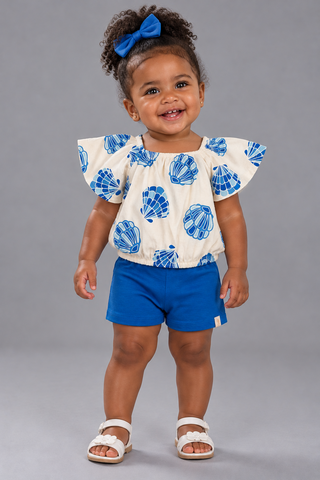 CONJ FEM BL EST PEROLADA E SHORT TRAB BRANCO/AZUL