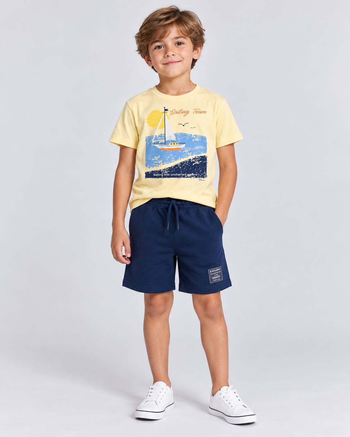 CONJ MAS CAM BARCO MAR E BER MLT TEXT AMARELO/MARINHO