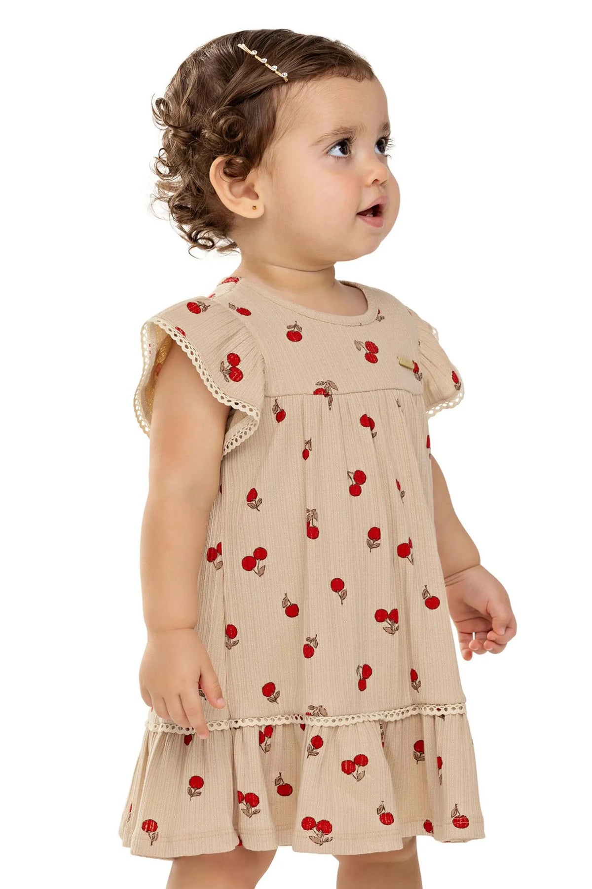 VESTIDO CANELADO TRAB DET RENDA CEREJAS KHAKI CLARO