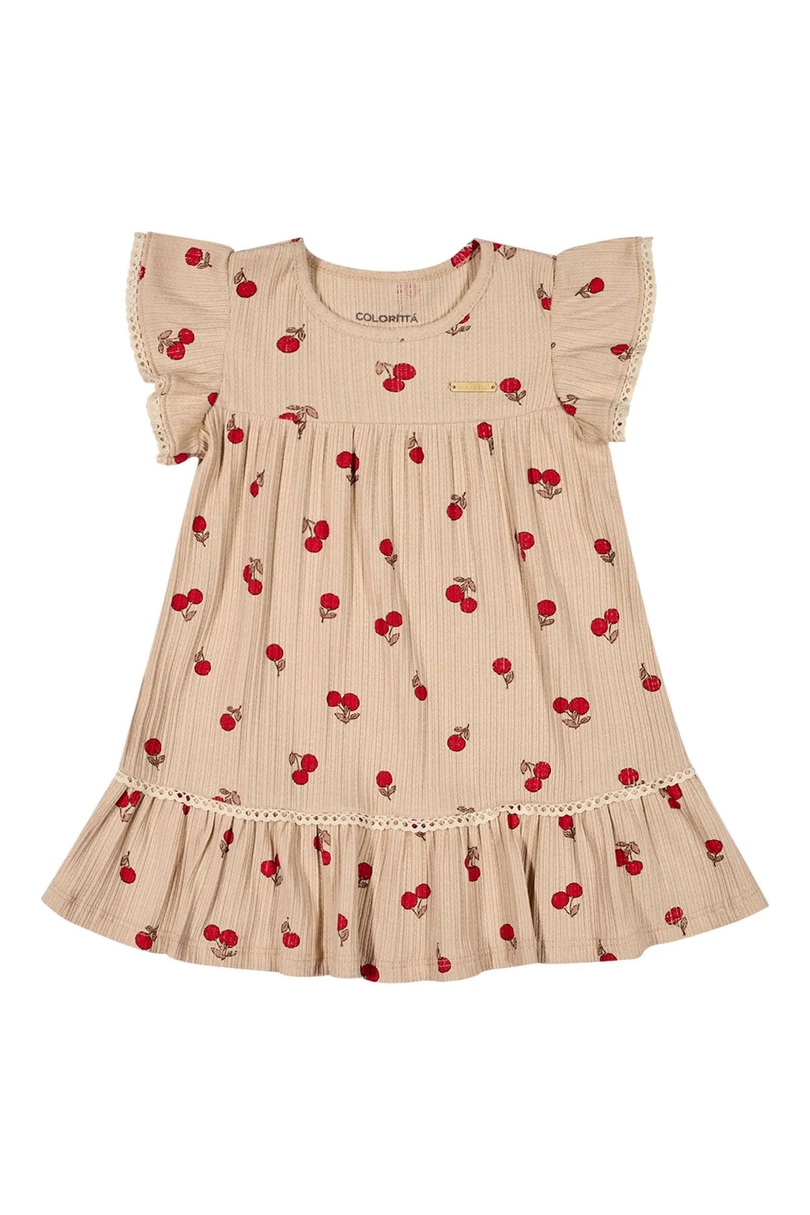 VESTIDO CANELADO TRAB DET RENDA CEREJAS KHAKI CLARO