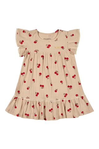 VESTIDO CANELADO TRAB DET RENDA CEREJAS KHAKI CLARO