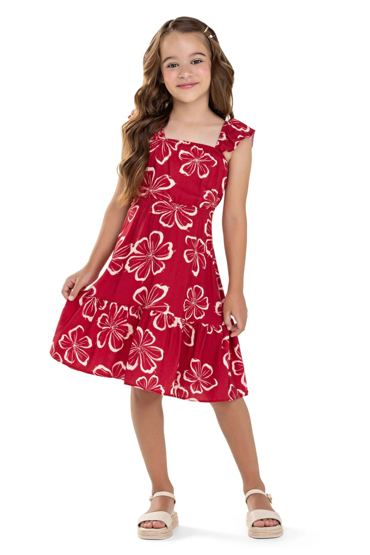 VESTIDO VISCOSE SARJADA EST FLORAL VERMELHO