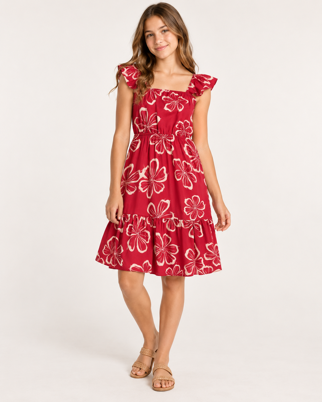 VESTIDO VISCOSE SARJADA EST FLORAL VERMELHO