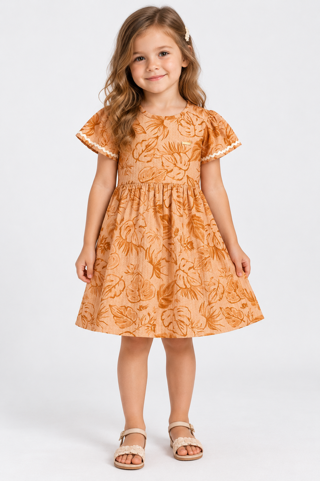 VESTIDO MALHA CANELADA MESCLADA FOLHAS MOSTARDA