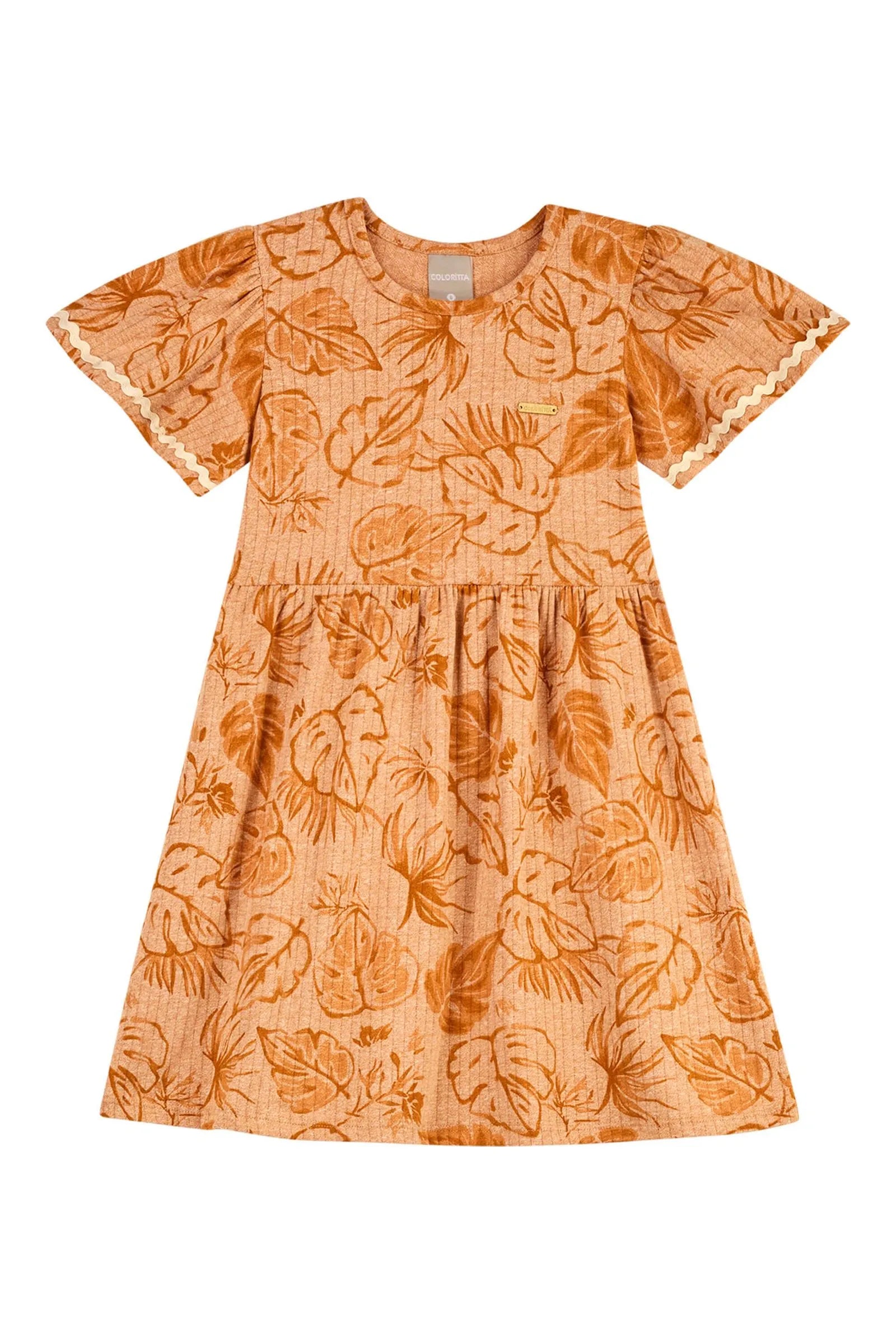 VESTIDO MALHA CANELADA MESCLADA FOLHAS MOSTARDA