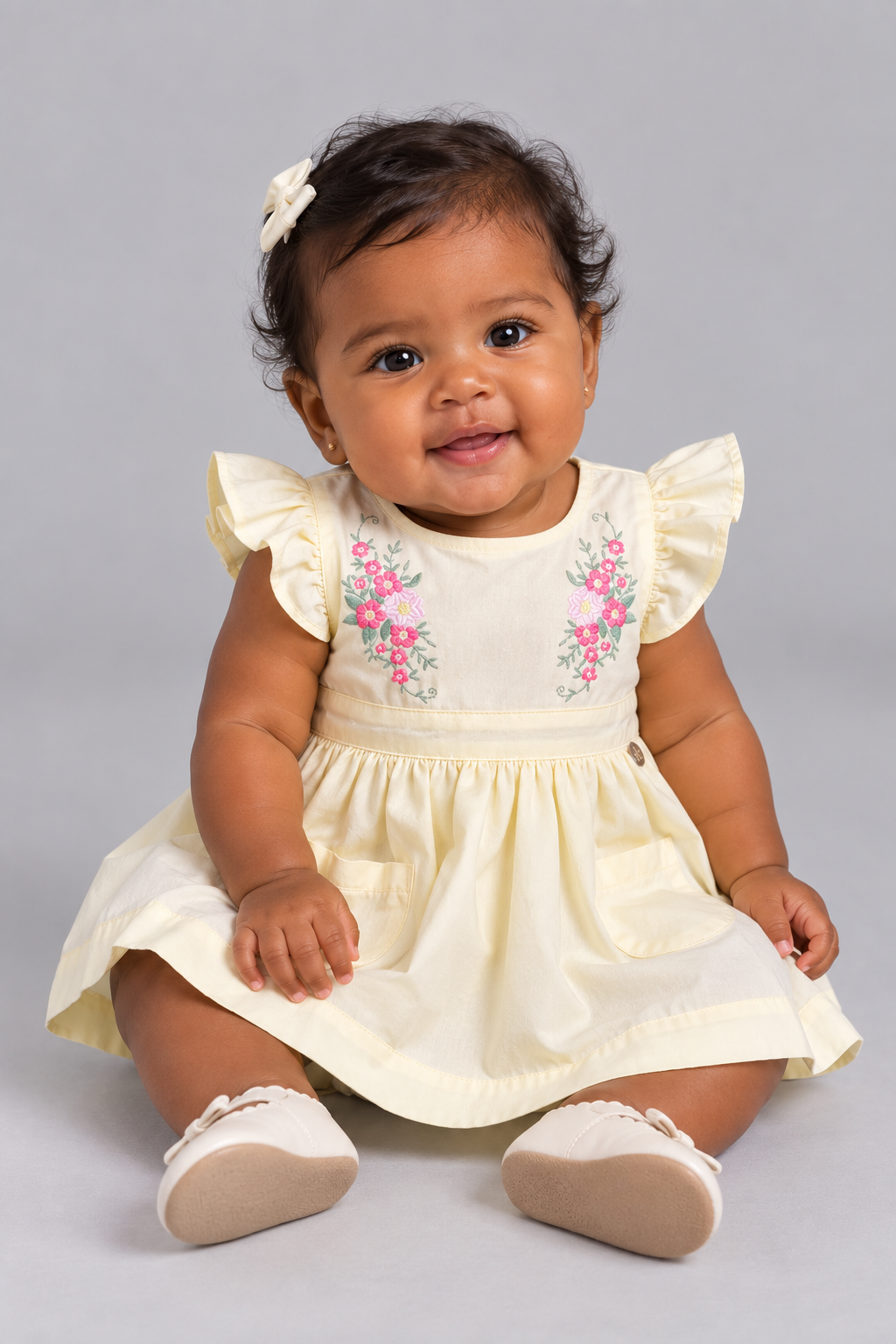 VESTIDO BABY TRICOLINE COM BORDADO AMARELO CLARO