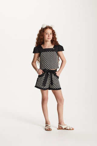 CONJ FEM BL E SHORT EM CHIFFON BORDADO PRETO