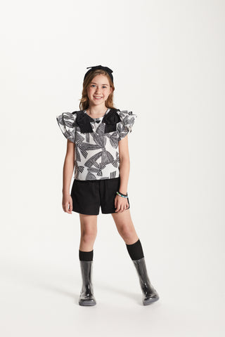 CONJ FEM BATA TRICOLINE E SHORT SARJA BRANCO/PRETO