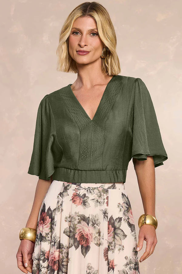 BLUSA FEM MC PLANO VISCOSE E POLIAMIDA VERDE LOURO