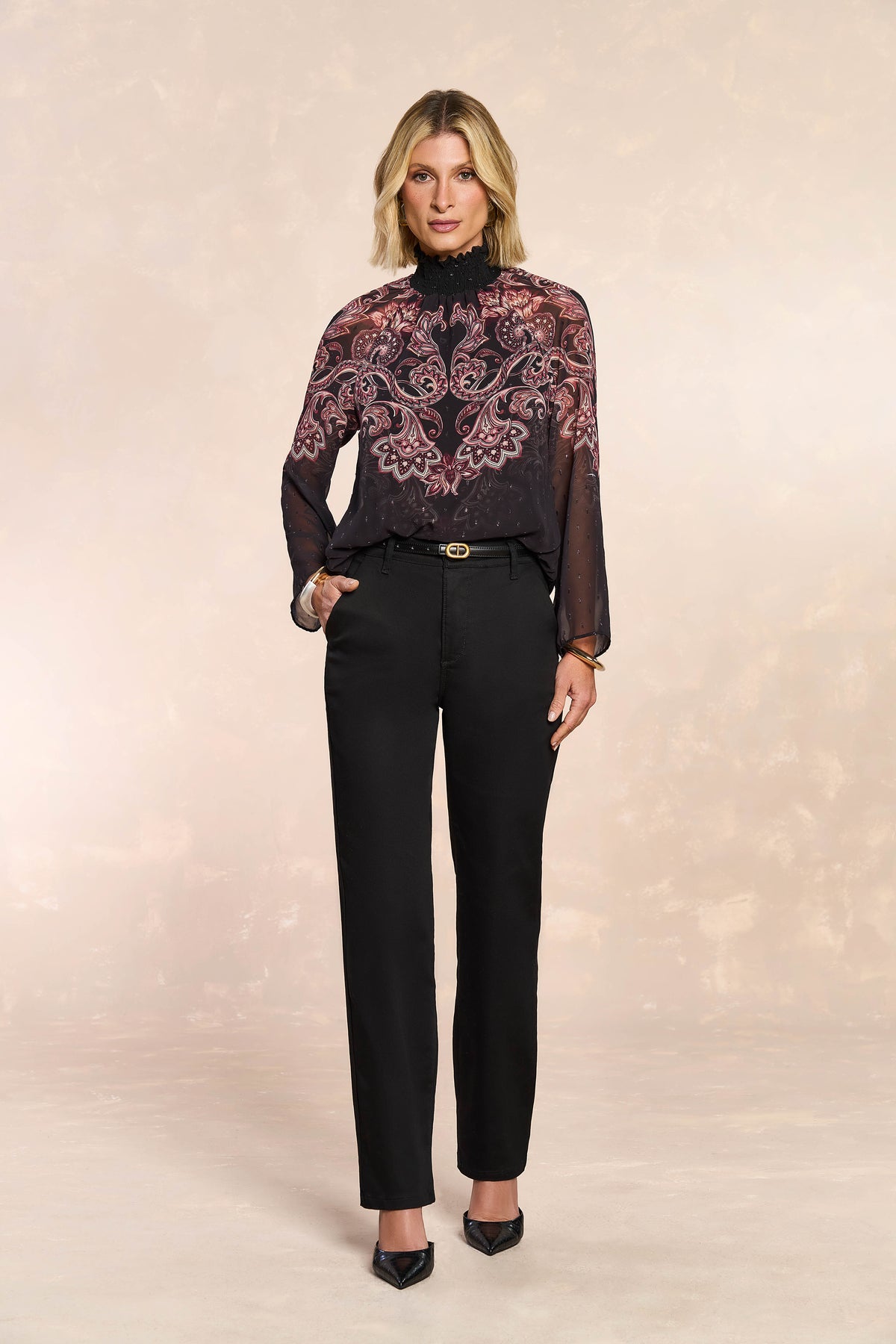 BLUSA FEM ML CHIFFON BRILHO MAQUINETADO PRETO