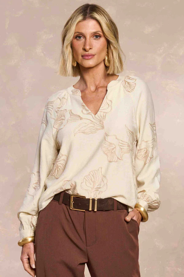 BLUSA FEM ML VISCOSE BORDADA GARDEN NATURAL
