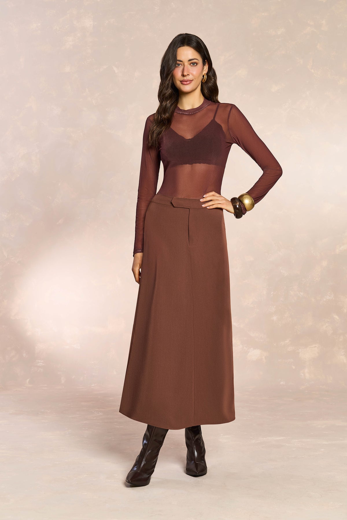 BLUSA FEM DE MANGA LONGA EM TULE CAFE