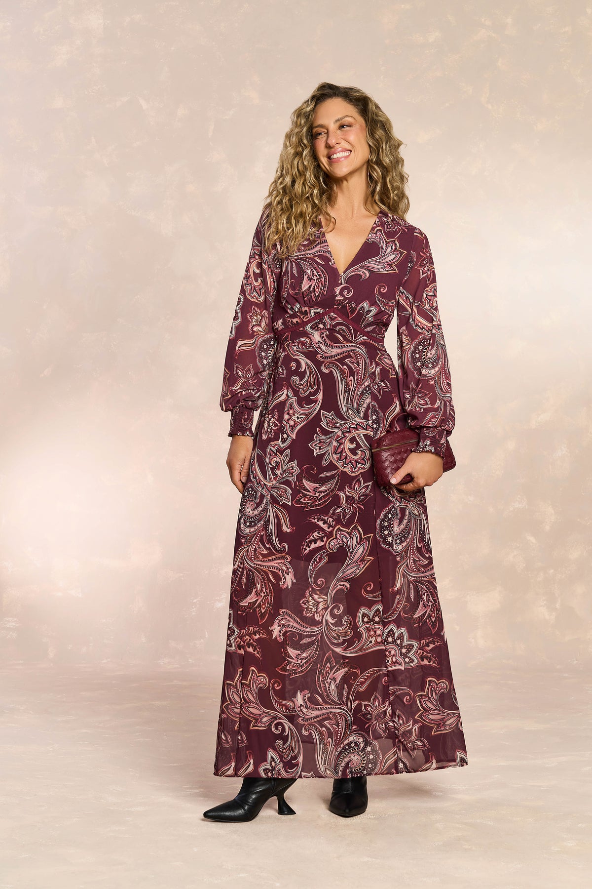 VESTIDO LONGO ML EM PLANO CHIFFON SOFT MERLOT JARDIM BOHO