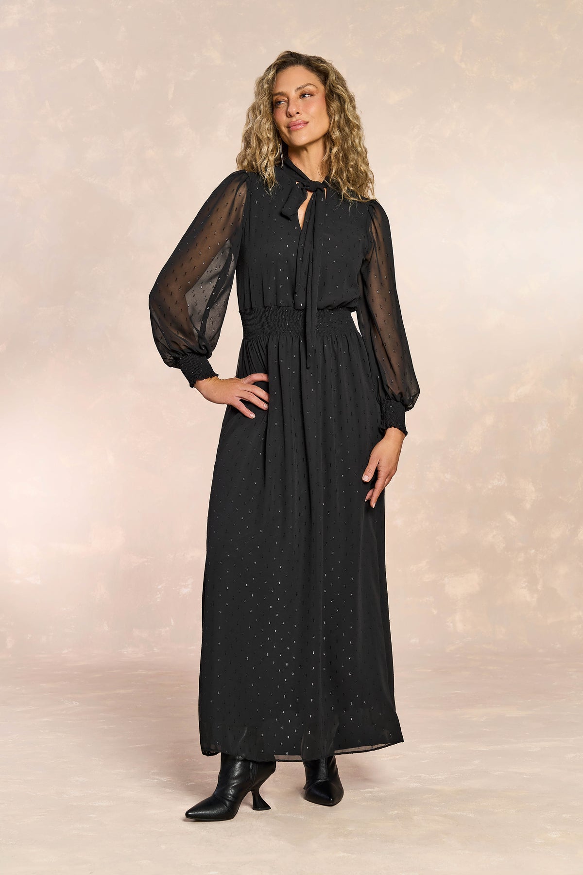VESTIDO LONGO ML CHIFFON BRILHO MAQUINET PRETO