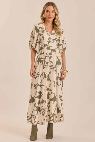 VESTIDO LONGO MANGA 3/4 PLANO VISCOFLOW VERDE LOURO SOFT GARDEN